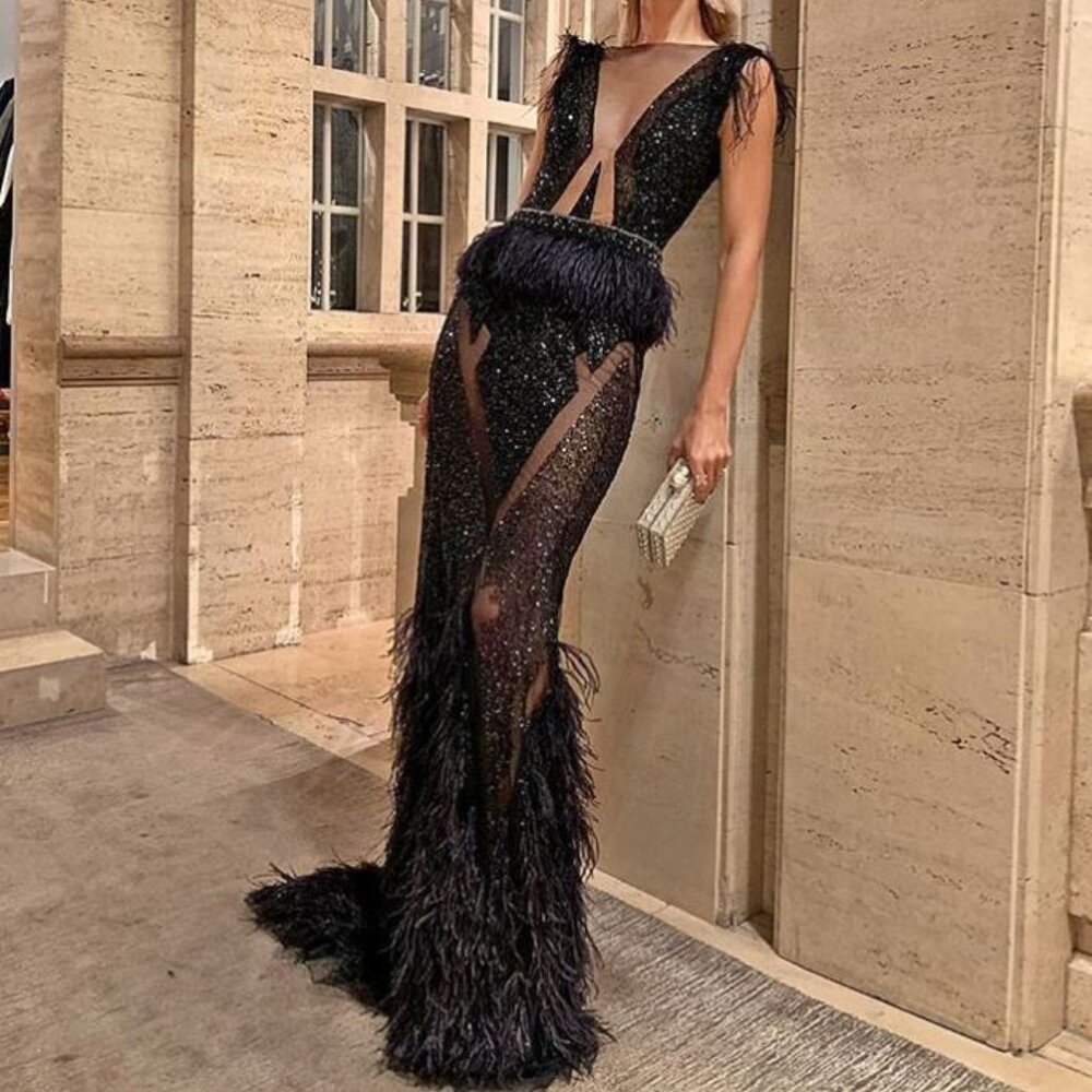 Berta Black Gown feather cap sleeves